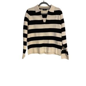 Tahari Sweater Women's M Black Off White Striped Collar Long Sleeve Casual Boho